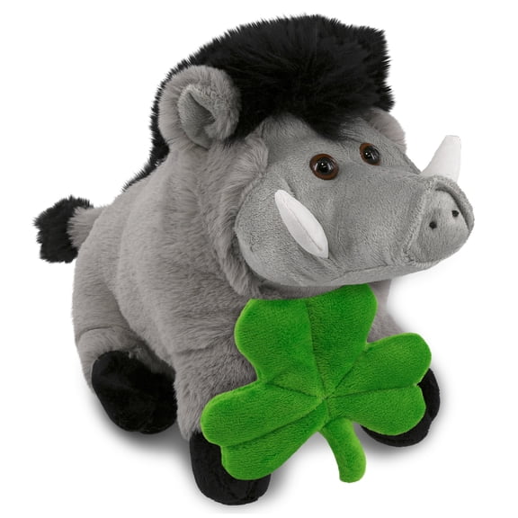 DolliBu Super Soft Grey Boar Stuffed Animal with Green Plush Shamrock, Cute Green Shamrock Plush, Fun St Patricks Day Stuffed Animal Boar, Good Luck St Patricks Day Toys for Kids, Baby - 7.5 Inches