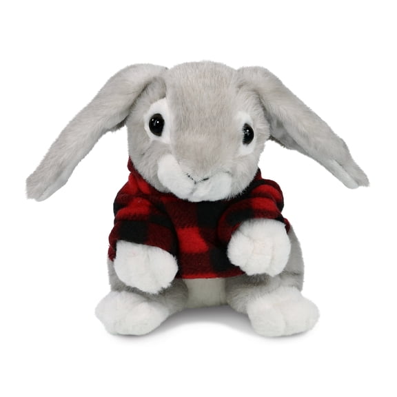DolliBu Super Soft Grey Rabbit Stuffed Animal with Plaid Red Hoodie Sweater - Cute Rabbit Plush Lumberjack Stuffed Toy with Plaid Jacket Dress Up for Christmas, Holiday, Winter - 6.5 Inches