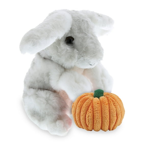 DolliBu Super Soft Grey Rabbit Stuffed Animal with Pumpkin Decor - Pumpkin Plush Animal for Fall, Halloween and Thanksgiving, Pumpkin Toy for Baby, Kids, Adults - 6 Inches