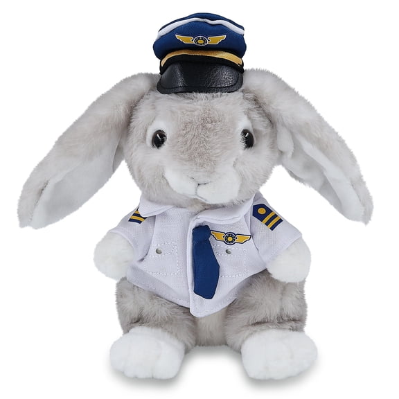 DolliBu Super Soft Grey Rabbit Stuffed Animal with Pilot Costume - Cute Farm Plush Toy with Airplane Aviation Uniform Dress Up - 6.5 Inches