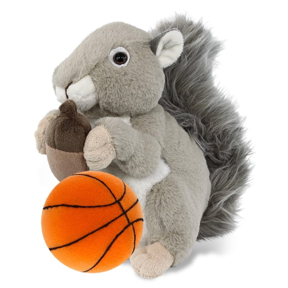 DolliBu Super Soft Grey Squirrel Stuffed Animal with Basketball Plush Huggable Squirrel, Adorable Playtime Plush Toy, Cute Wildlife Gift Doll Animal Toy for Kids and Adults 8 Inches