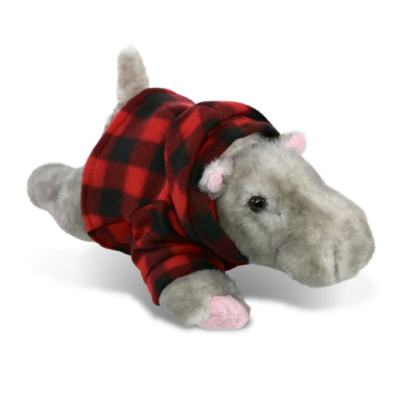 DolliBu Super Soft Hippopotamus Stuffed Animal with Plaid Red Hoodie Sweater - Cute Hippo Plush Lumberjack Stuffed Toy with Plaid Jacket Dress Up for Christmas, Holiday, Winter - 11 Inches