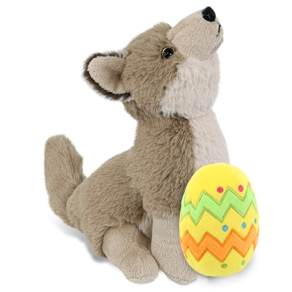 DolliBu Super Soft Howling Wolf with Yellow Easter Egg Plush - Perfect Wild Life Stuffed Animals for Easter Basket, Cute Easter Egg Stuffed Animal Spring Toys for Girls, Boy, Baby - 10.5 Inches