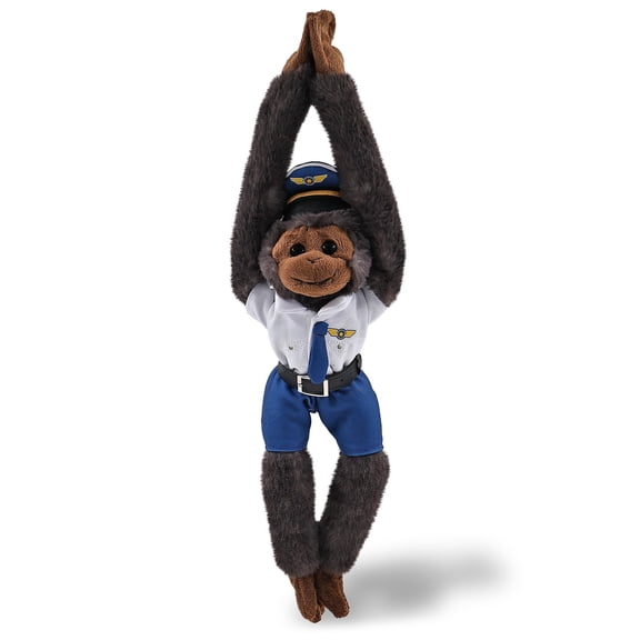 DolliBu Super Soft Long Arm Hanging Black Capuchin Monkey Stuffed Animal with Pilot Costume - Cute Wildlife Plush Toy with Airplane Aviation Uniform Dress Up Set - 21 Inches