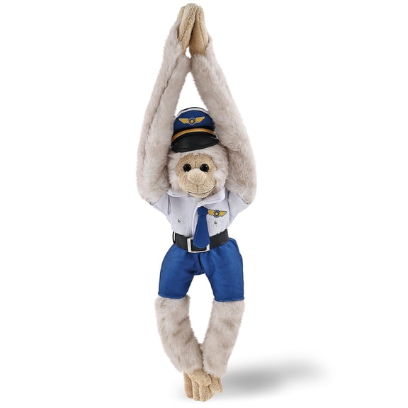 DolliBu Super Soft Long Arm Hanging White Squirrel Monkey Stuffed Animal with Pilot Costume - Cute Wildlife Plush Toy with Airplane Aviation Uniform Dress Up Set - 21 Inches