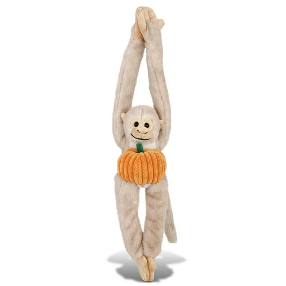 DolliBu Super Soft Long Arm Hanging White Squirrel Monkey Stuffed Animal with Pumpkin Decor - Pumpkin Plush Animal for Fall, Halloween and Thanksgiving, Pumpkin Toy for Baby, Kids, Adults - 21 Inches