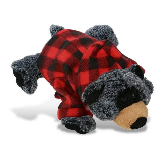 DolliBu Super Soft Lying Black Bear Stuffed Animal with Plaid Red Hoodie Sweater - Cute Black Bear Plush Lumberjack Stuffed Toy with Plaid Jacket Dress Up for Christmas, Holiday, Winter - 9 Inches