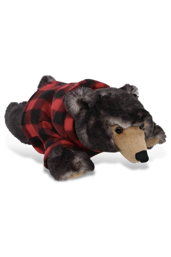 Super Soft Lying Wild Black Bear Stuffed Animal with Plaid Red Hoodie Sweater - Cute Bear Plush Lumberjack Stuffed Toy with Plaid Jacket Dress Up for Christmas, Holiday, Winter - 10 Inches