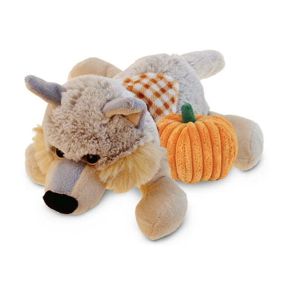 DolliBu Super Soft Lying Wolf Stuffed Animal with Pumpkin Plush Decor - Pumpkin Plush Wolf Animal for Fall, Halloween and Thanksgiving, Pumpkin Plush Toy for Baby, Kids, Adults - 9 Inches