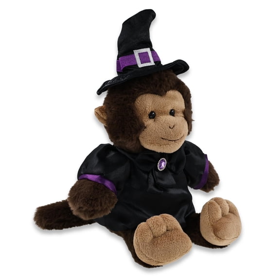 DolliBu Super Soft Monkey Stuffed Animal with Witch Costume - Cute Wildlife Animal with Black Cloak and Witch Hat Outfit - Spooky Halloween Plush Toy for Kids - 9 Inches