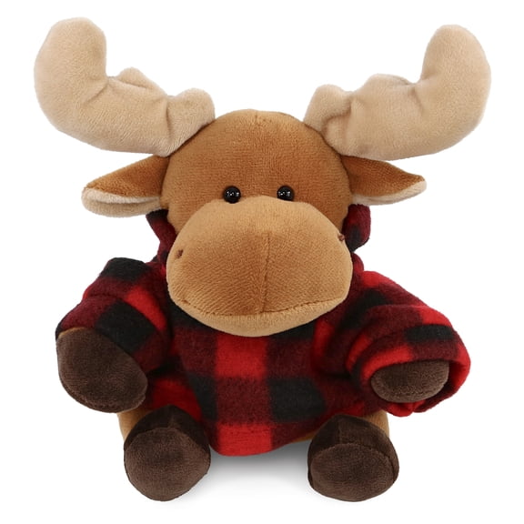 DolliBu Super Soft Moose Stuffed Animal with Plaid Red Hoodie Sweater - Cute Moose Plush Lumberjack Stuffed Toy with Plaid Jacket Dress Up for Christmas, Holiday, Winter - 6 Inches