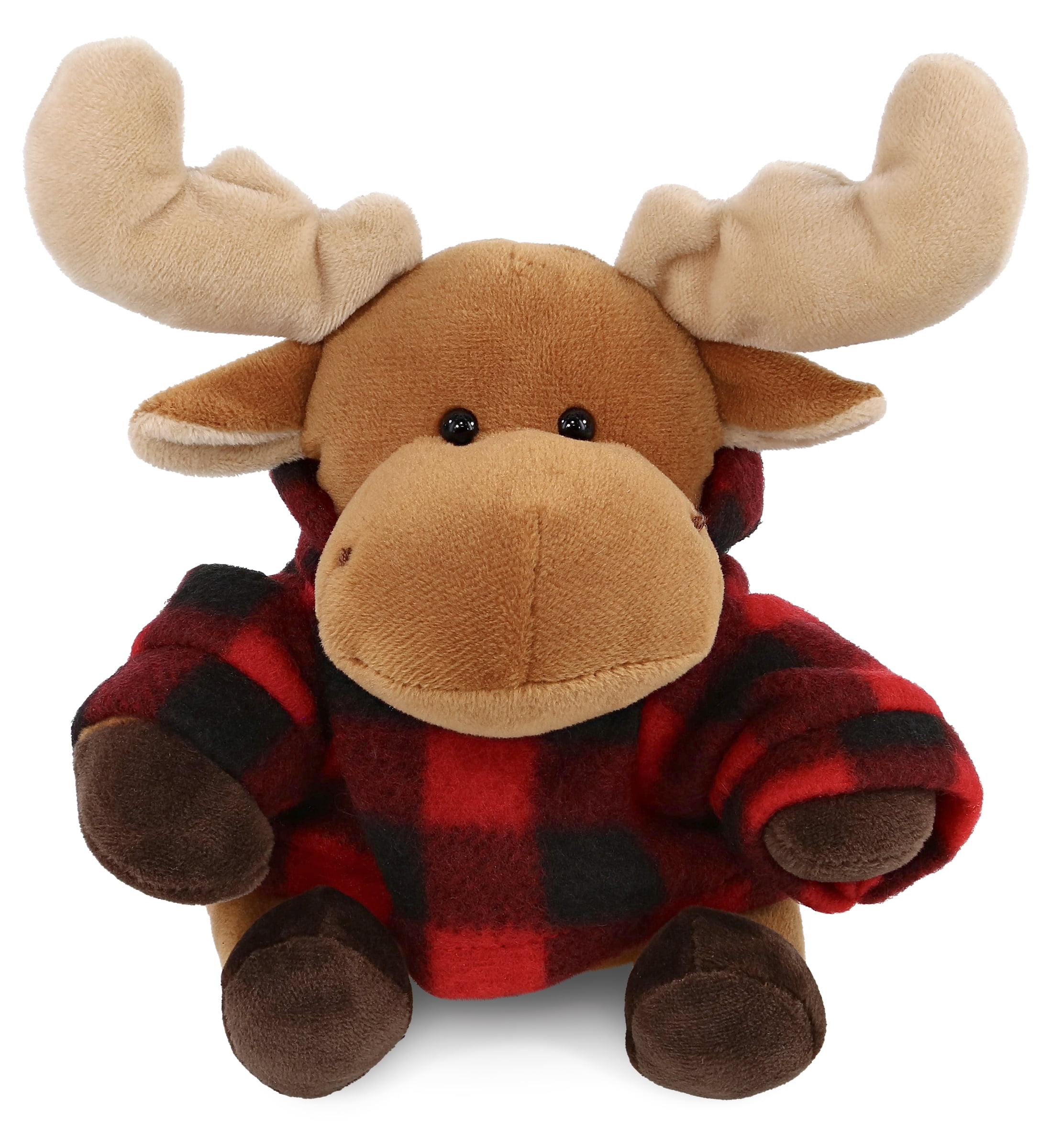 DolliBu Plaid Brown Moose Stuffed Animal - 10 Inch Hoodie Plush Toy For Kids And Adults