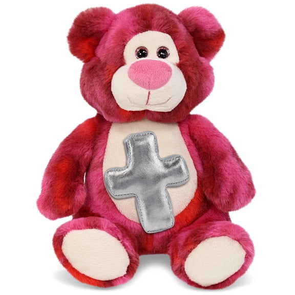 DolliBu Super Soft Pink Tie-Dye Bear Stuffed Animal with Silver Cross Plush - Religious Baptism Gifts for Boys and Girls, Dedication Christening Gifts Plush Prayer Toy Healing Stuffed Animal - 8 Inch