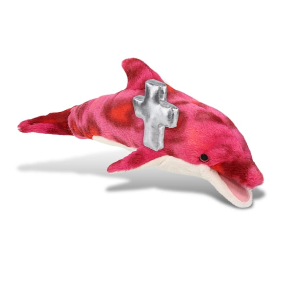DolliBu Super Soft Pink Tie-Dye Dolphin Stuffed Animal with Silver Cross Plush - Baptism Gifts for Boys and Girls, Dedication Christening Gifts Plush Prayer Toy Healing Stuffed Animal - 18 Inches