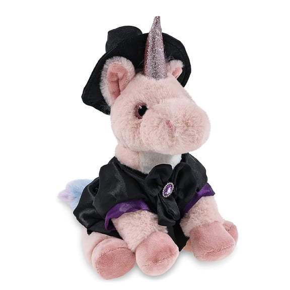 DolliBu Super Soft Pink Unicorn Stuffed Animal with Witch Costume - Cute Fantasy Animal with Black Cloak and Witch Hat Outfit - Spooky Halloween Plush Toy for Kids - 9 Inches