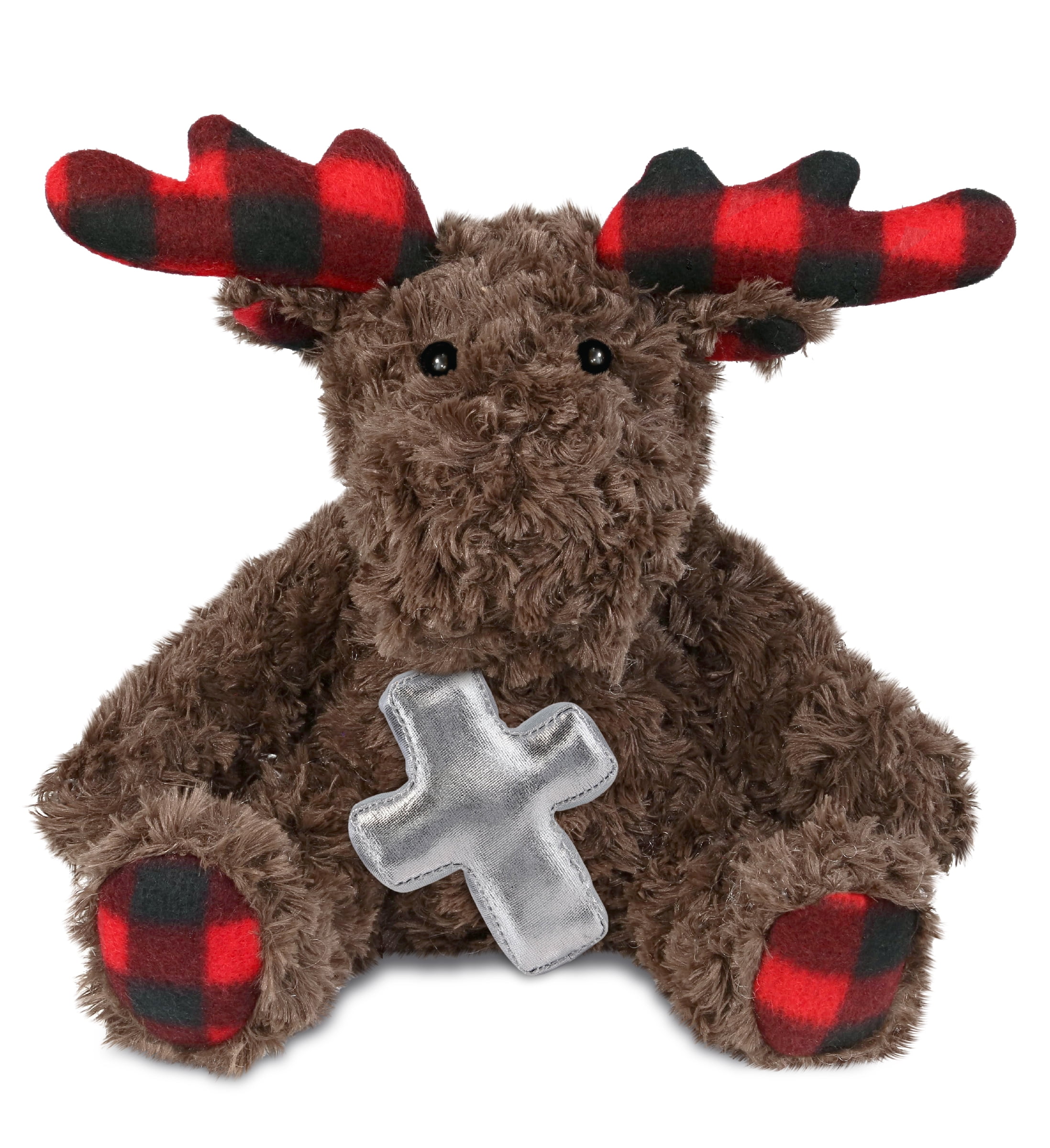 DolliBu Super Soft Plaid Curly Moose Stuffed Animal with Silver Cross ...