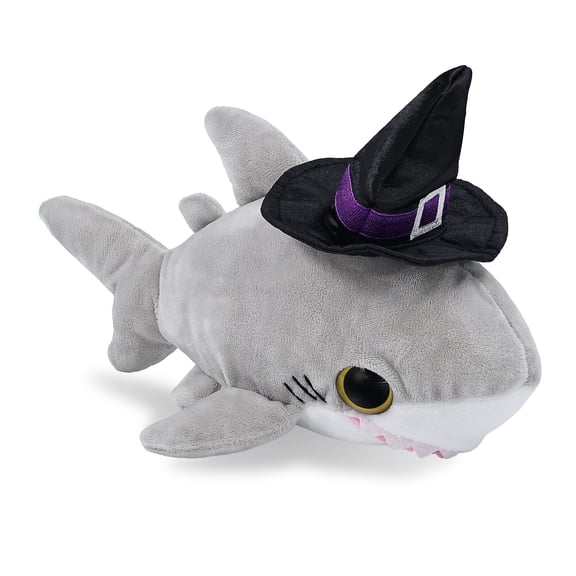 DolliBu Super Soft Plush Big Eye Shark Stuffed Animal with Witch Costume Hat - Cute Ocean Animal with Black Hat Outfit - Spooky Halloween Plush Toy for Kids - 6 Inches