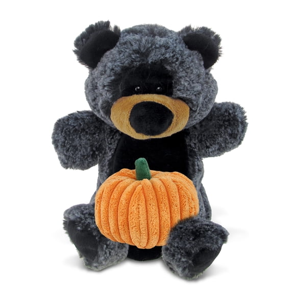 DolliBu Super Soft Plush Black Bear Plush Hand Puppet Stuffed Animal with Pumpkin Decor - Pumpkin Plush Animal for Fall, Halloween and Thanksgiving, Pumpkin Toy for Baby, Kids, Adults - 9 Inches