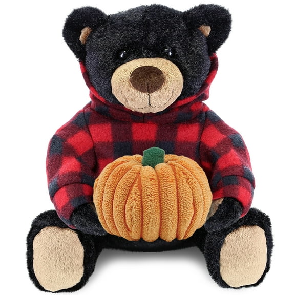 DolliBu Super Soft Plush Black Bear with Red Plaid Hoodie Stuffed Animal with Pumpkin Decor - Pumpkin Plush Animal for Fall, Halloween and Thanksgiving, Pumpkin Toy for Baby, Kids, Adults - 10 Inches