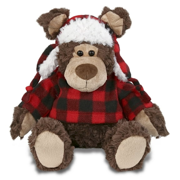 DolliBu Super Soft Plush Red Plaid Outfit Grizzly Bear - Soft Huggable Grizzly Bear, Adorable Playtime Zoo Bear Plush with Clothes, Cute Cuddle Gift Super Soft Plush Doll Toy for Kids - 9 Inches