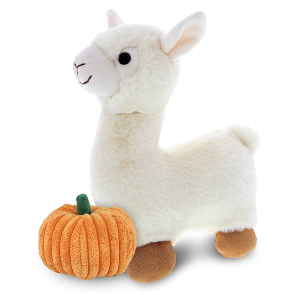 DolliBu Super Soft Plush White Llama Stuffed Animal with Pumpkin Decor - Pumpkin Plush Animal for Fall, Halloween and Thanksgiving, Pumpkin Toy for Baby, Kids, Adults - 11 Inches