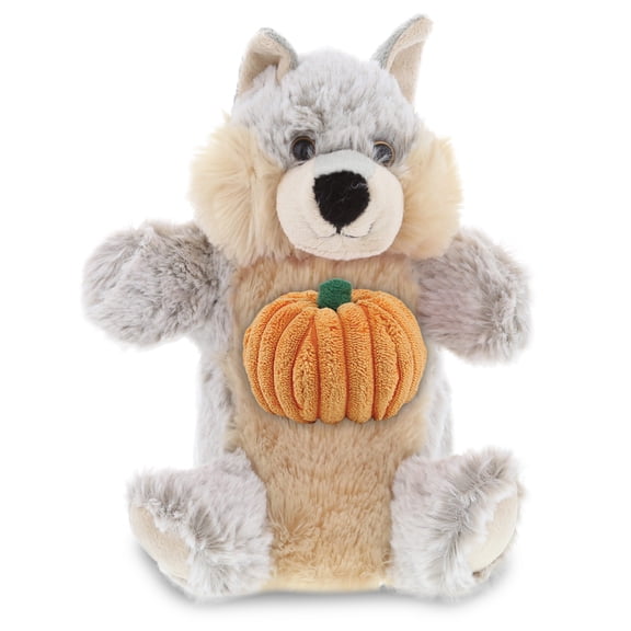 DolliBu Super Soft Plush Wolf Plush Hand Puppet Stuffed Animal with Pumpkin Decor - Pumpkin Plush Animal for Fall, Halloween and Thanksgiving, Pumpkin Toy for Baby, Kids, Adults - 9.5 Inches