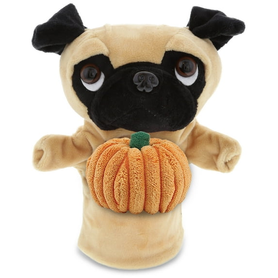 DolliBu Super Soft Pug Dog Hand Puppet Stuffed Animal with Pumpkin Plush Decor - Pug Dog Pumpkin Plush Animal for Fall, Halloween and Thanksgiving, Pumpkin Plush Toy for Kids, Adults - 10 Inches