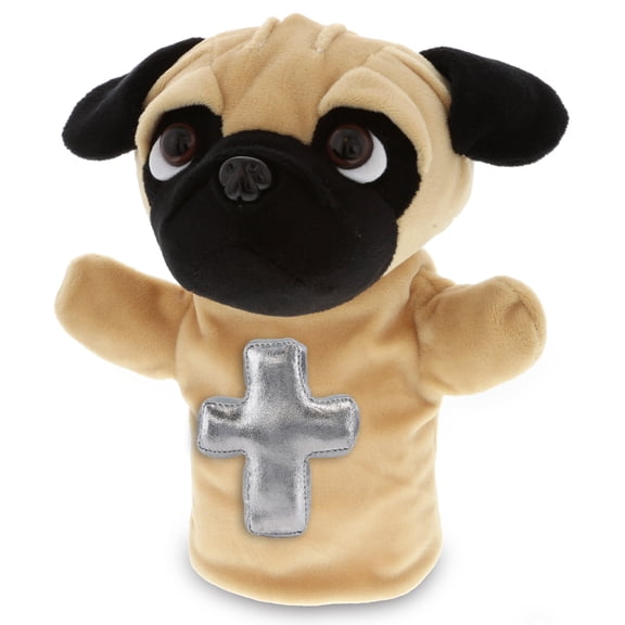 DolliBu Super Soft Pug Dog Hand Puppet Stuffed Animal with Silver Cross Plush - Baby Baptism Gifts for Boys and Girls, Cute Dedication Christening Gifts Plush Prayer Toy Healing Teddy Bear - 8.5 Inch