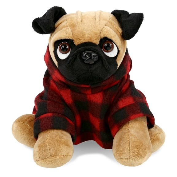 DolliBu Super Soft Pug Dog Stuffed Animal with Plaid Red Hoodie Sweater - Cute Dog Plush Lumberjack Stuffed Toy with Plaid Jacket Dress Up for Christmas, Holiday, Winter - 8 Inches