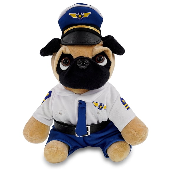 DolliBu Super Soft Pug Dog Stuffed Animal with Pilot Costume - Cute Pet Plush Toy with Airplane Aviation Uniform Dress Up - 8 Inches