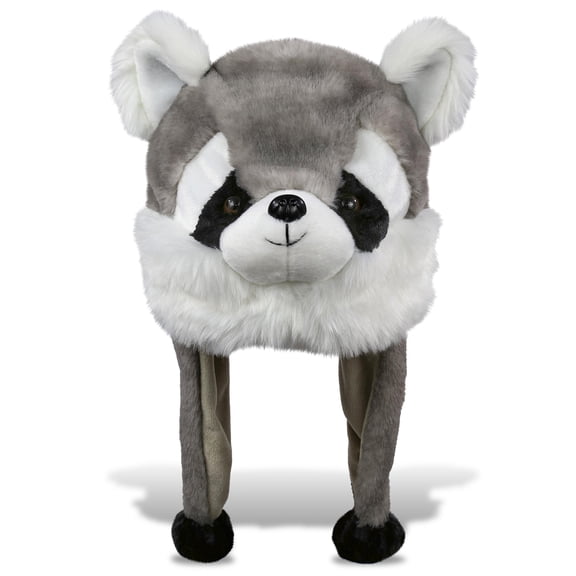 DolliBu Super Soft Raccoon Plush Hat - Winter Hat with Ear Flaps, Animal Hat Costume for Boys and Girls, Raccoon Hat Costume for Halloween, Cosplay Parties, Crazy Beanie Hat for Kids, Teens, Adults