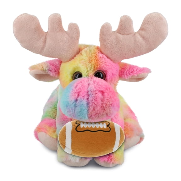 DolliBu Super Soft Rainbow Floppy Moose Stuffed Animal with Football Plush Soft Huggable Moose, Playtime Plush Toy, Cute Wild Life Gift Plush Doll Animal Toy for Kids and Adults 9 Inches