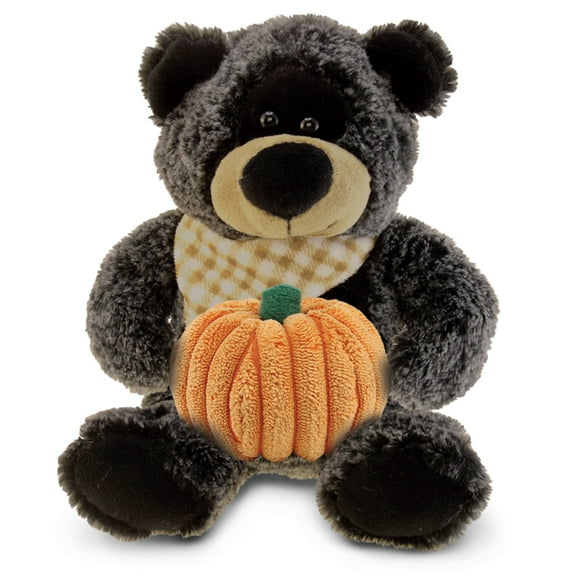 DolliBu Super Soft Sitting Black Bear Stuffed Animal with Pumpkin Decor - Pumpkin Plush Animal for Fall, Halloween, Thanksgiving, Pumpkin Toy for Baby, Kids, Adults - 9 Inches