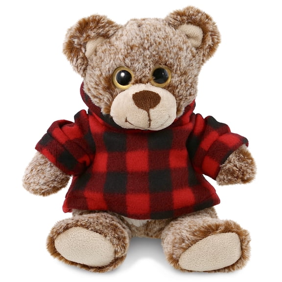 DolliBu Super Soft Sitting Brown Bear Stuffed Animal with Plaid Red Hoodie Sweater - Cute Bear Plush Lumberjack Stuffed Toy with Plaid Jacket Dress Up for Christmas, Holiday, Winter - 9 Inches