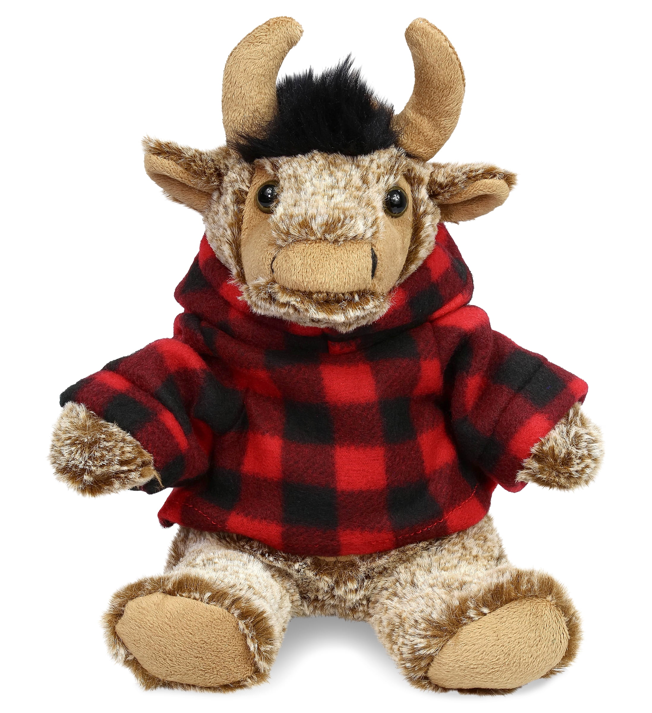 DolliBu Super Soft Sitting Buffalo Stuffed Animal With Plaid Red Hoodie dollibu-super-soft-sitting-buffalo-stuffed-animal-with-plaid-red-hoodie