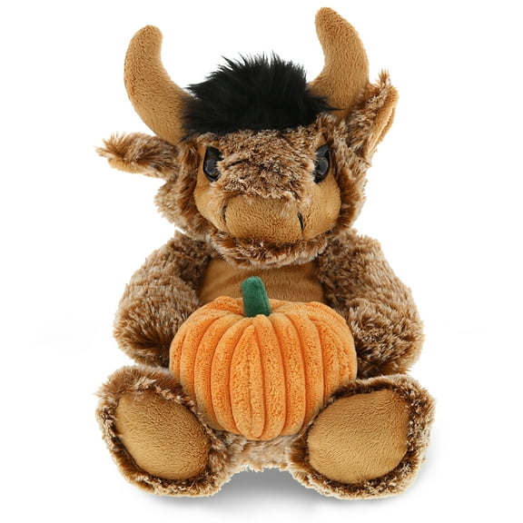 DolliBu Super Soft Sitting Buffalo Stuffed Animal with Pumpkin Decor - Pumpkin Plush Animal for Fall, Halloween and Thanksgiving, Pumpkin Toy for Baby, Kids, Adults - 8 Inches