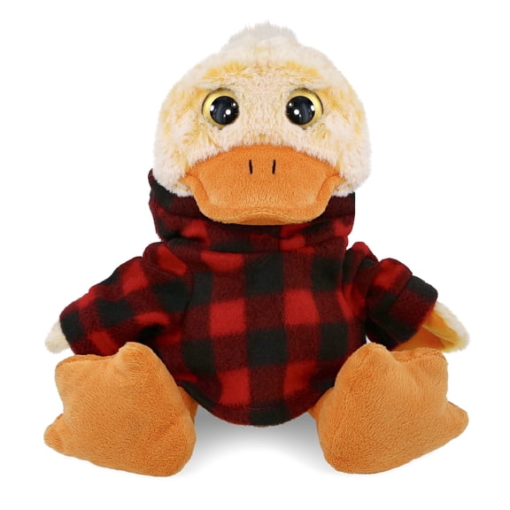 DolliBu Super Soft Sitting Duck Stuffed Animal with Plaid Red Hoodie Sweater - Cute Duck Plush Lumberjack Stuffed Toy with Plaid Jacket Dress Up for Christmas, Holiday, Winter - 9 Inches