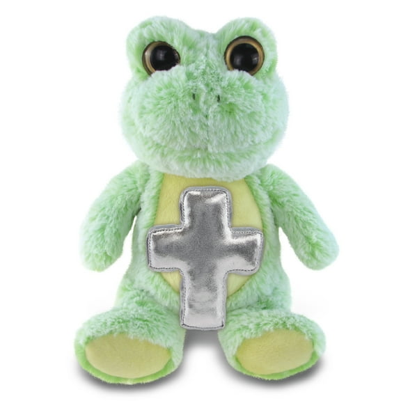 DolliBu Super Soft Sitting Frog Stuffed Animal with Silver Cross Plush - Religious Baby Baptism Gifts for Boys and Girls, Dedication Christening Gifts Plush Prayer Toy Healing Teddy Bear - 9 Inches