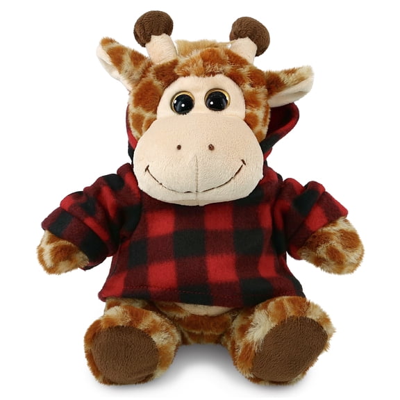 DolliBu Super Soft Sitting Giraffe Stuffed Animal with Plaid Red Hoodie Sweater - Cute Giraffe Plush Lumberjack Stuffed Toy with Plaid Jacket Dress Up for Christmas, Holiday, Winter - 9 Inches