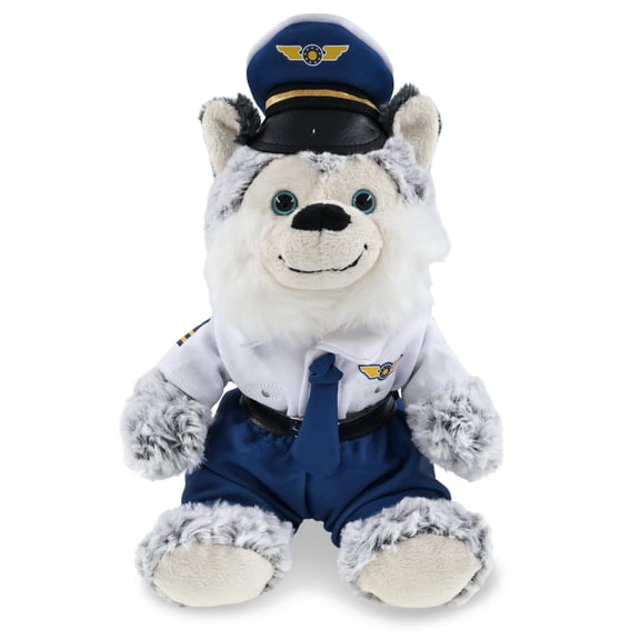 DolliBu Super Soft Sitting Husky Stuffed Animal with Pilot Costume - Cute Pet Husky Dog Plush Toy with Airplane Aviation Uniform Dress Up Set - 9 Inches