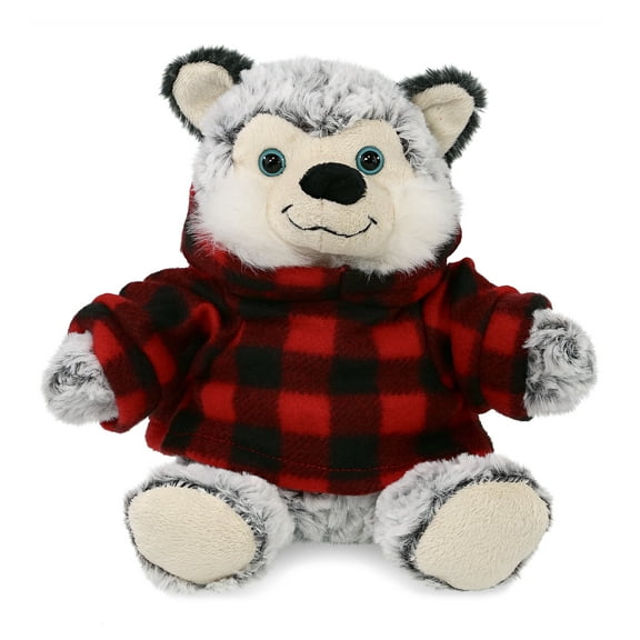 DolliBu Super Soft Sitting Husky Stuffed Animal with Plaid Red Hoodie Sweater - Cute Husky Plush Lumberjack Stuffed Toy with Plaid Jacket Dress Up for Christmas, Holiday, Winter - 9 Inches
