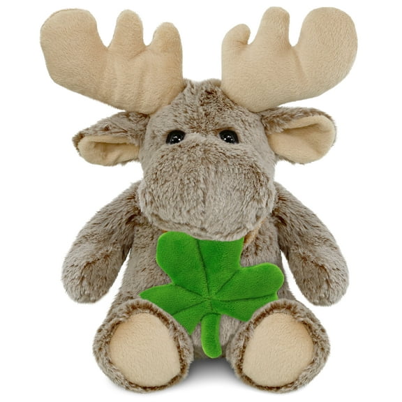 DolliBu Super Soft Sitting Moose Stuffed Animal with Green Plush Shamrock, Cute Green Shamrock Plush. Fun St Patricks Day Stuffed Animal Moose, Good Luck St Patricks Day Toys for Kids, Baby - 11 Inch