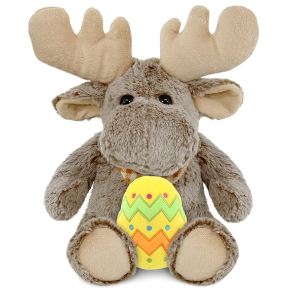 DolliBu Super Soft Sitting Moose with Yellow Easter Egg Plush - Perfect Moose Stuffed Animals for Easter Basket, Cute Easter Egg Stuffed Animal Spring Toys for Girls, Boys, and Babies - 11 Inches