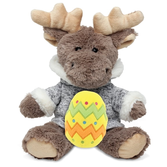 DolliBu Super Soft Sitting Moose with Yellow Easter Egg Plush - Perfect Moose Stuffed Animals for Easter Basket, Cute Easter Egg Stuffed Animal Spring Toys for Girls, Boys, and Babies - 8 Inches