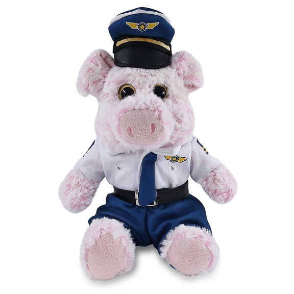 DolliBu Super Soft Sitting Pig Stuffed Animal with Pilot Costume - Cute Farm Life Plush Toy with Airplane Aviation Uniform Dress Up - 8 Inches