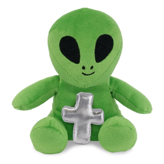 DolliBu Super Soft Space Alien Stuffed Toy with Silver Cross Plush - Religious Baptism Gifts for Boys and Girls, Dedication Christening Gifts Plush Prayer Toy Healing Stuffed Toy - 6 Inches