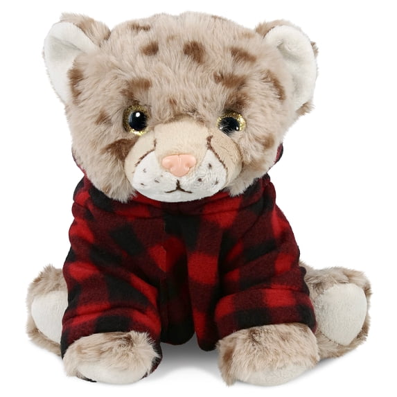 DolliBu Super Soft Squat Cheetah Stuffed Animal with Plaid Red Hoodie Sweater - Cute Cheetah Plush Lumberjack Stuffed Toy with Plaid Jacket Dress Up for Christmas, Holiday, Winter - 8.5 Inches
