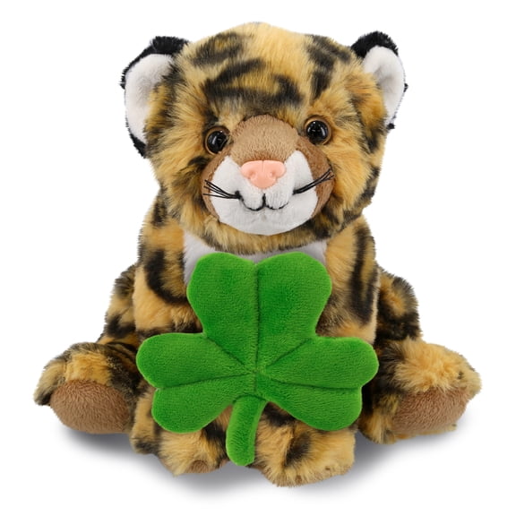 DolliBu Super Soft Squat Leopard Stuffed Animal with Green Plush Shamrock, Cute Green Shamrock Plush, Fun St Patricks Day Stuffed Animal Leopard, Good Luck St Patricks Day Toys for Kids, Baby - 8 Inch