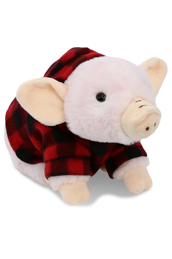 Super Soft Squat Piggy Stuffed Animal with Plaid Red Hoodie Sweater - Cute Piggy Plush Lumberjack Stuffed Toy with Plaid Jacket Dress Up for Christmas, Holiday, Winter - 7 Inches