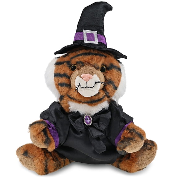 DolliBu Super Soft Squat Tiger Stuffed Animal with Witch Costume - Cute Safari Life Animal with Black Cloak and Witch Hat Outfit - Spooky Halloween Plush Toy for Kids - 8 Inches